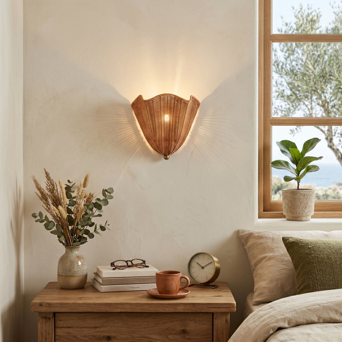 Wandleuchte Rattan Naturbraun E26 E27 LED-Fassung Innenbeleuchtung Boho-Stimmungsleuchte Dekorativ | Sansoti