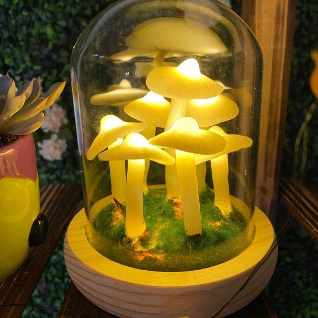 DIY-Pilzlampe aus Glas und Holz – Magische stimmungsvolle Tischleuchte in Warmweiß, dekorativ für Wohn- und Schlafzimmer | Sansoti
