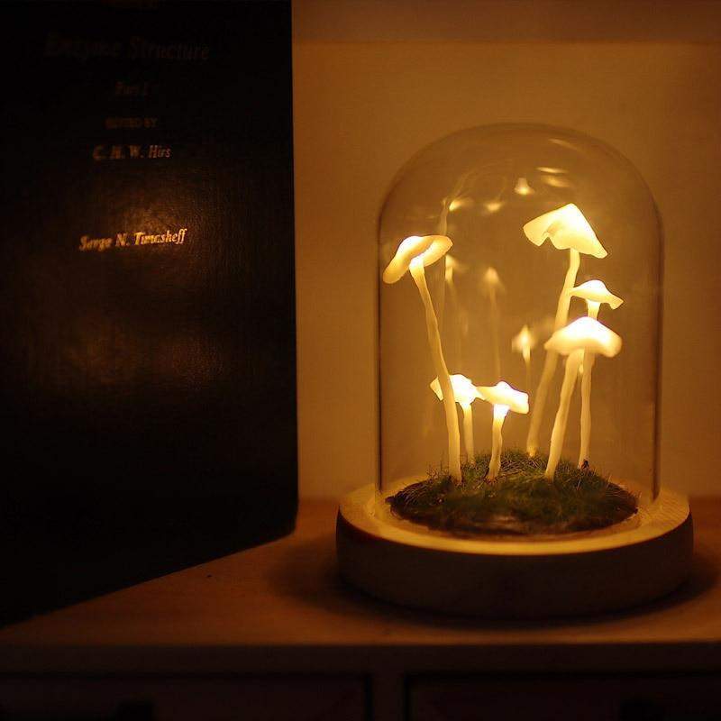 DIY-Pilzlampe aus Glas und Holz – Magische stimmungsvolle Tischleuchte in Warmweiß, dekorativ für Wohn- und Schlafzimmer | Sansoti