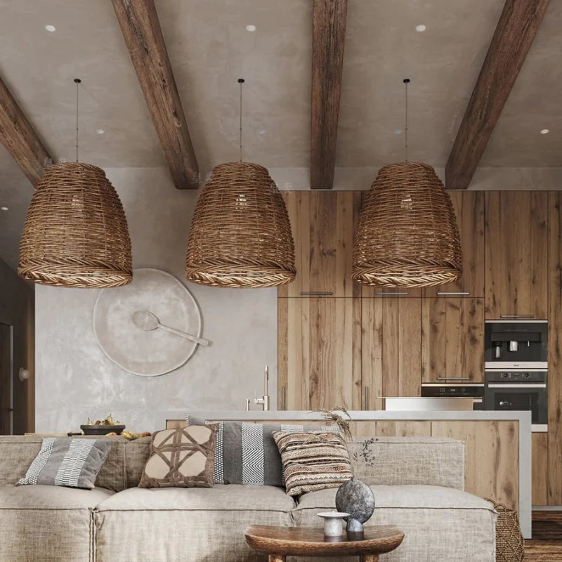 Rattan Pendant Light Vintage Chandelier E27 Dining Room Bedroom Living Room Natural Woven Ceiling Light | Sansoti