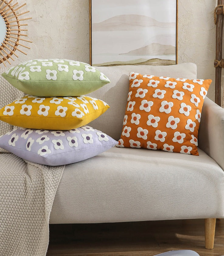 Kussenhoes Geborduurd Madeliefje Katoen Lavendel Ivoor 30x50 45x45 Sierkussen | Sansoti