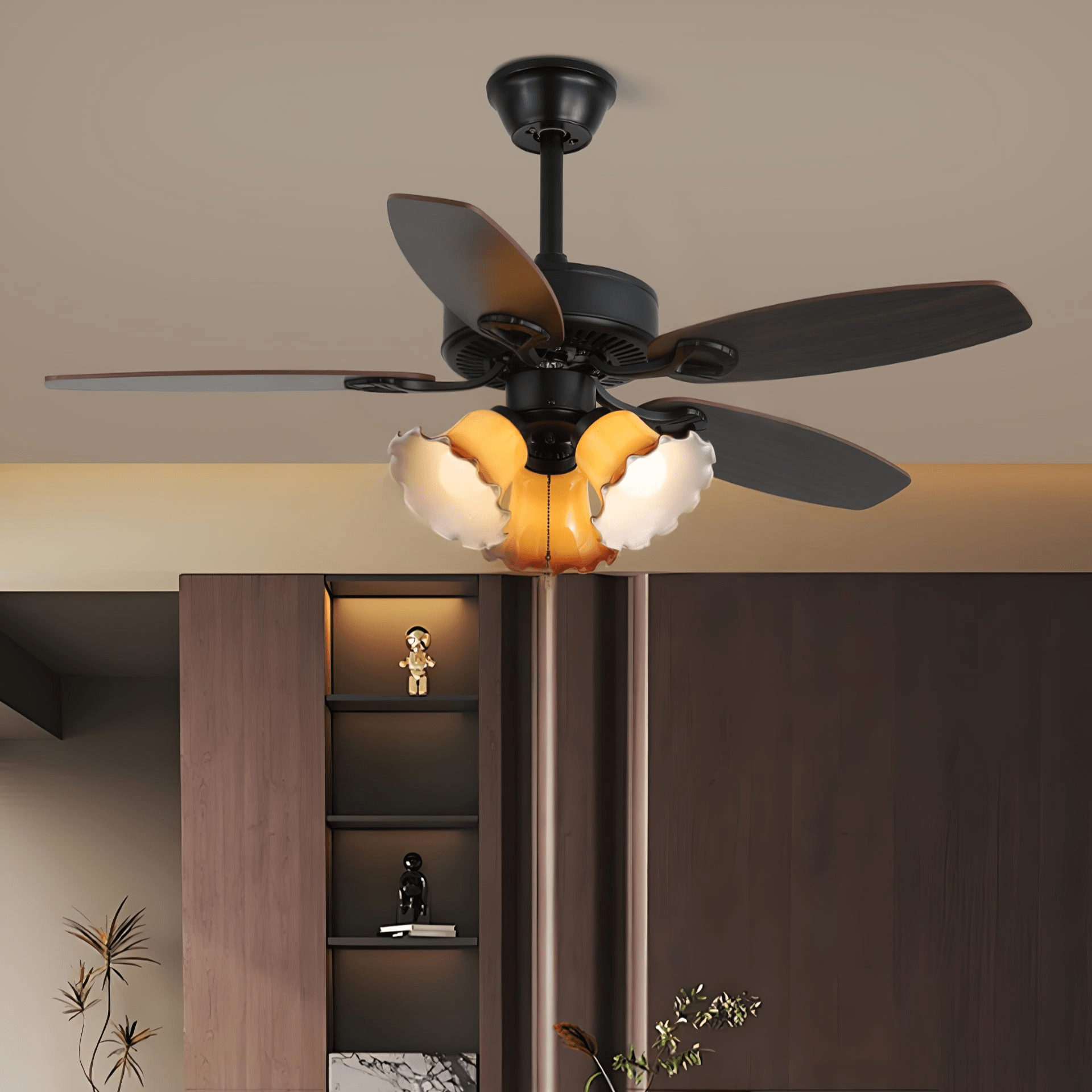 Plafondventilator met Verlichting Vintage Hout & Glas 107cm Scandinavische Stijl Retro Plafondlamp met Afstandsbediening | Sansoti