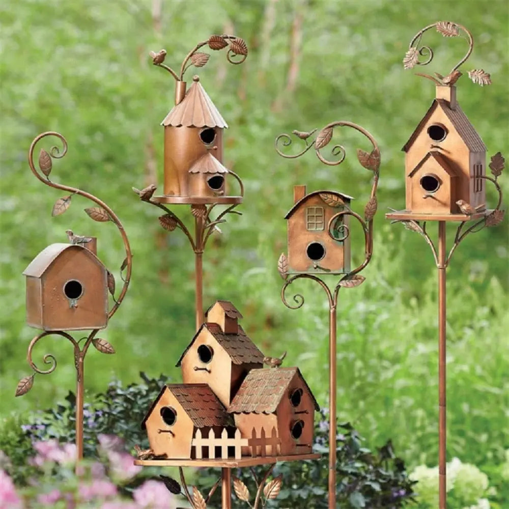 Metalen Vogelhuisje op Tuinsteker Vintage Stijl Tuindecoratie 5 Varianten Ornament Decoratief voor Tuin Patio Terras | Sansoti