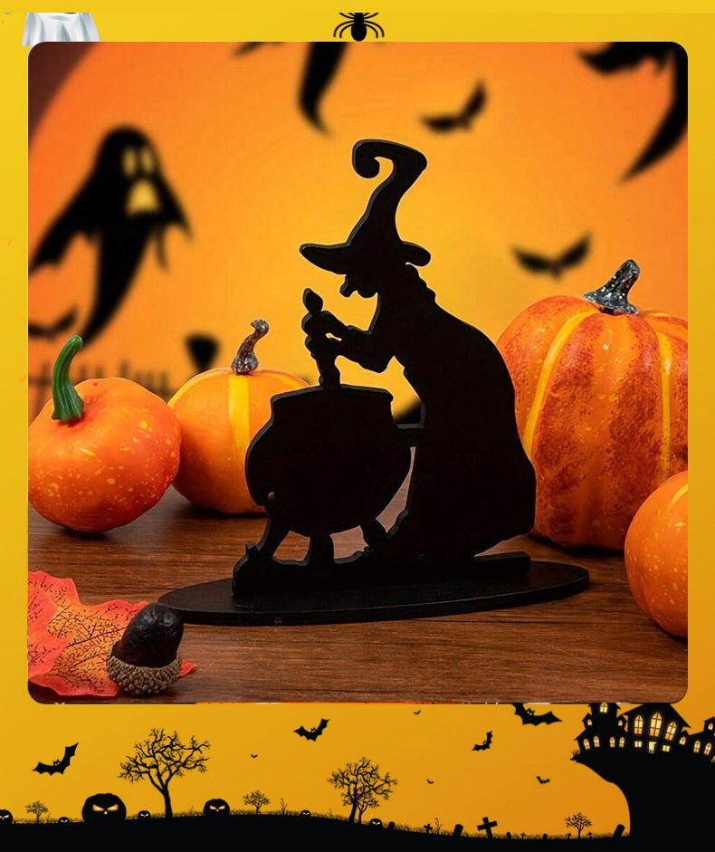 Hölzerne Halloween-Hexe mit schwarzer Katze, Stimmungsbild, dekoratives Tischobjekt, saisonale Herbstdekoration | Sansoti