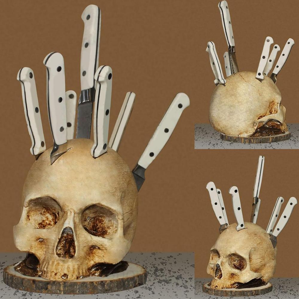Skull-Shaped Knife Block with Fruit Bowl Gothic Design Storage Rack Kitchen Decoration Horror Kitchenware | Sansoti