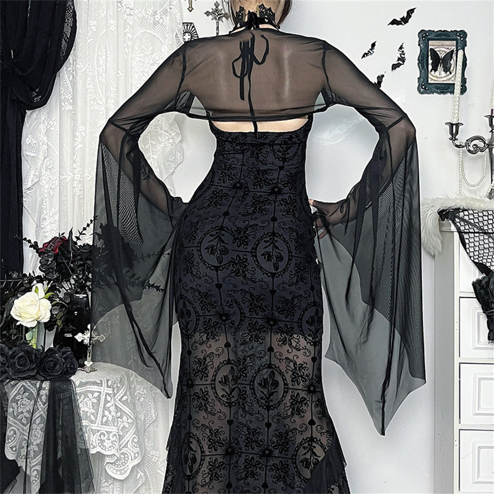 Transparent Mesh Crop Top in Black with Batwing Sleeves, Gothic Style, for Parties, Cosplay, Nights Out and Clubs | Sansoti