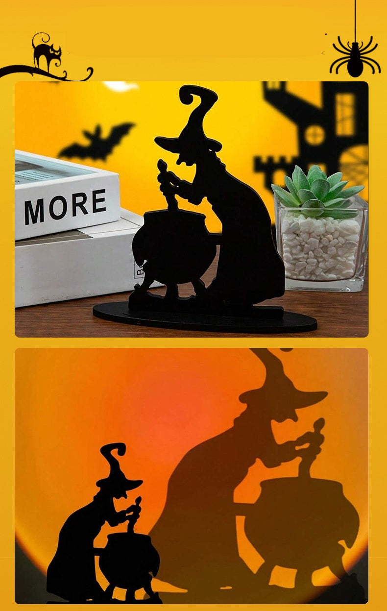 Hölzerne Halloween-Hexe mit schwarzer Katze, Stimmungsbild, dekoratives Tischobjekt, saisonale Herbstdekoration | Sansoti