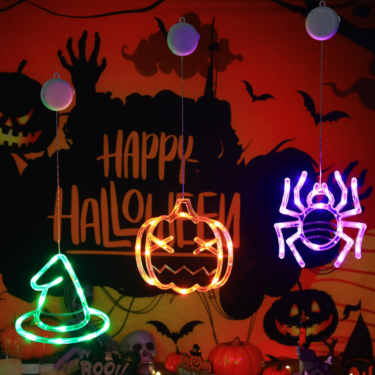 Batteriebetriebene Halloween-LED-Lichterkette mit Fledermaus-, Geister- und Kürbismotiven – stimmungsvolle Partydekoration | Sansoti