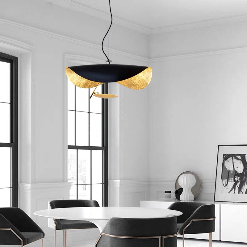 Metal pendant light with twisted rod, gold leaf, warm light for kitchen island, dining area, living room, 3 color options | Sansoti