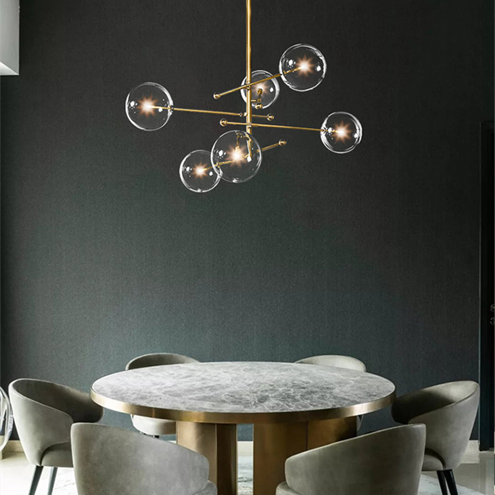 Goldfarbene Hängeleuchte mit Glaskugelschirmen, LED, 6 oder 8 Leuchtpunkte, Metall, modernes Design, Esszimmer, Wohnzimmer | Sansoti