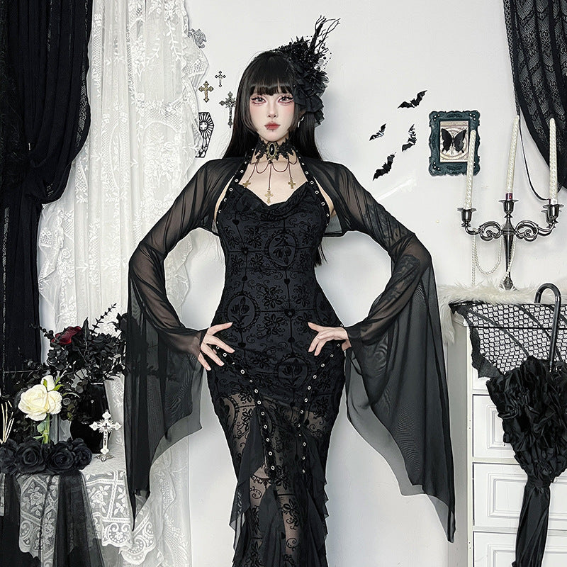 Crop top en gaze à manches chauve-souris, costume de fête gothique de sorcière, haut noir en mesh, mode alternative pour femmes | Sansoti