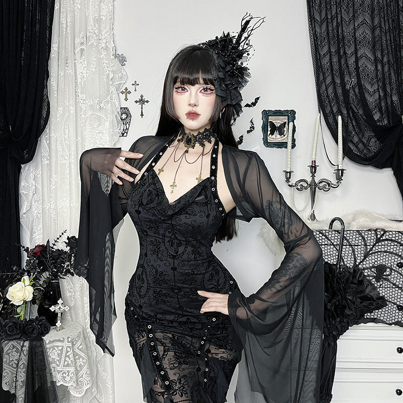 Crop top en gaze à manches chauve-souris, costume de fête gothique de sorcière, haut noir en mesh, mode alternative pour femmes | Sansoti