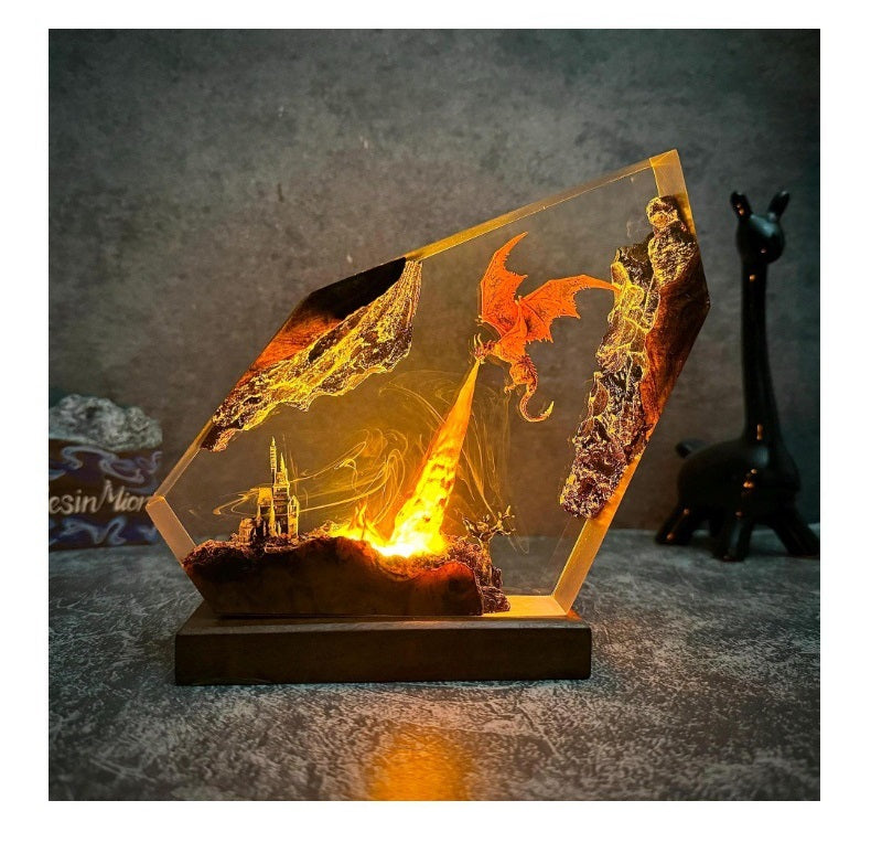 Draak Tafellamp met Vuureffect Hars LED Verlichting Fantasy Sfeer Decoratief Nachtlampje Gothic Woonkamer | Sansoti