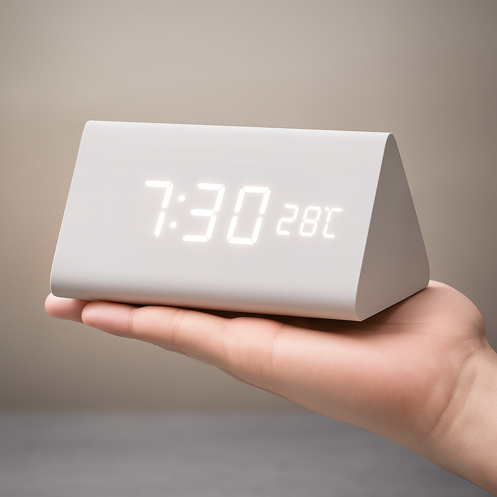 Digitale LED Klok Hout Driehoek Modern Design Wekker USB Dimbaar Display Tafelklok Slaapkamer Kantoor | Sansoti