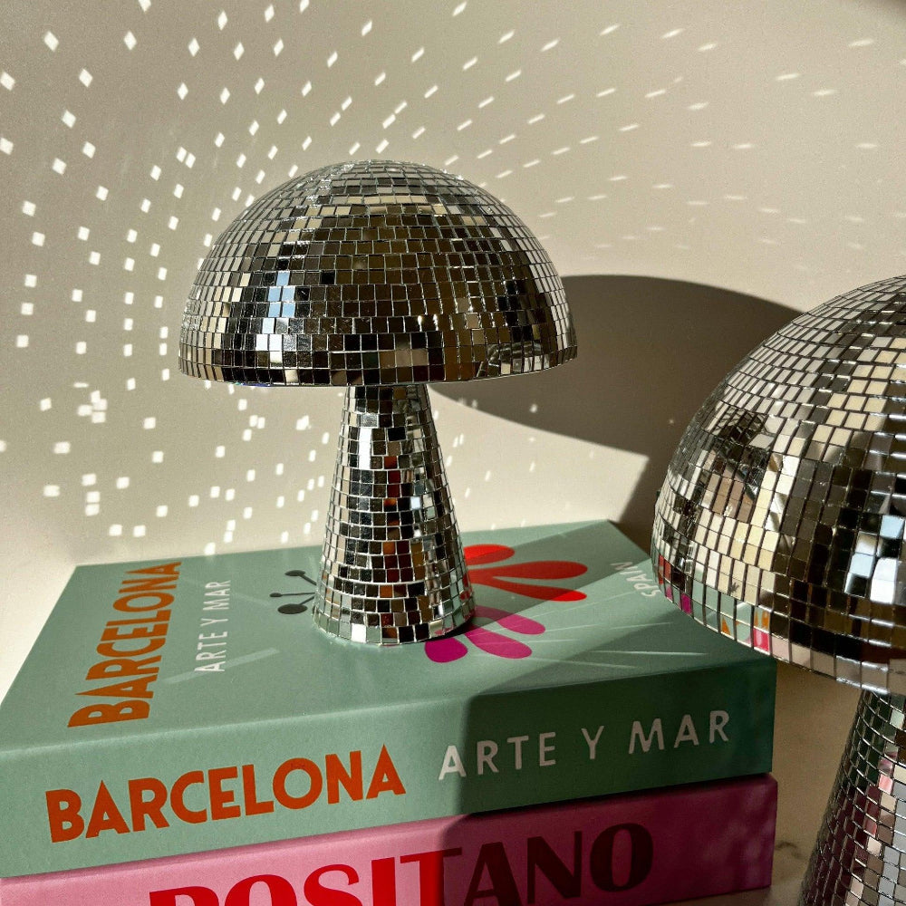 Retro Mushroom Lamp with Glitter Effect – Mirror Tile Disco Ball Design 15x18cm or 20x22.5cm | Sansoti