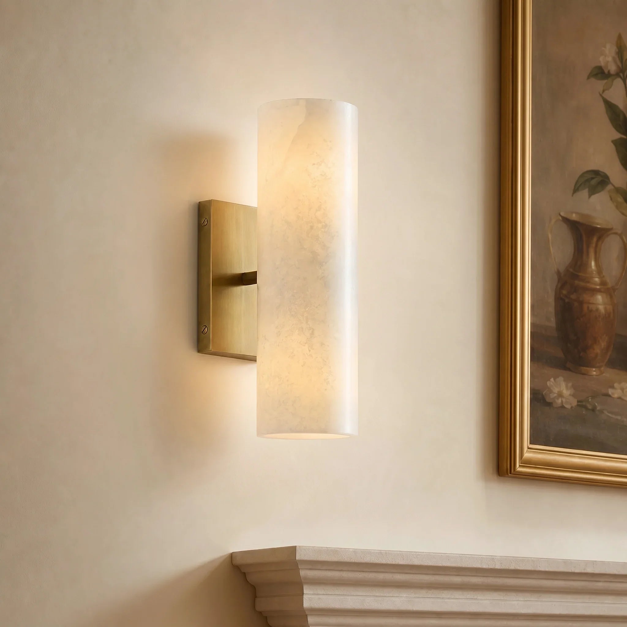 Cilindervormige wandlamp met natuurlijk albast of geribde glazen kap Brons Nikkel Messing | Sansoti