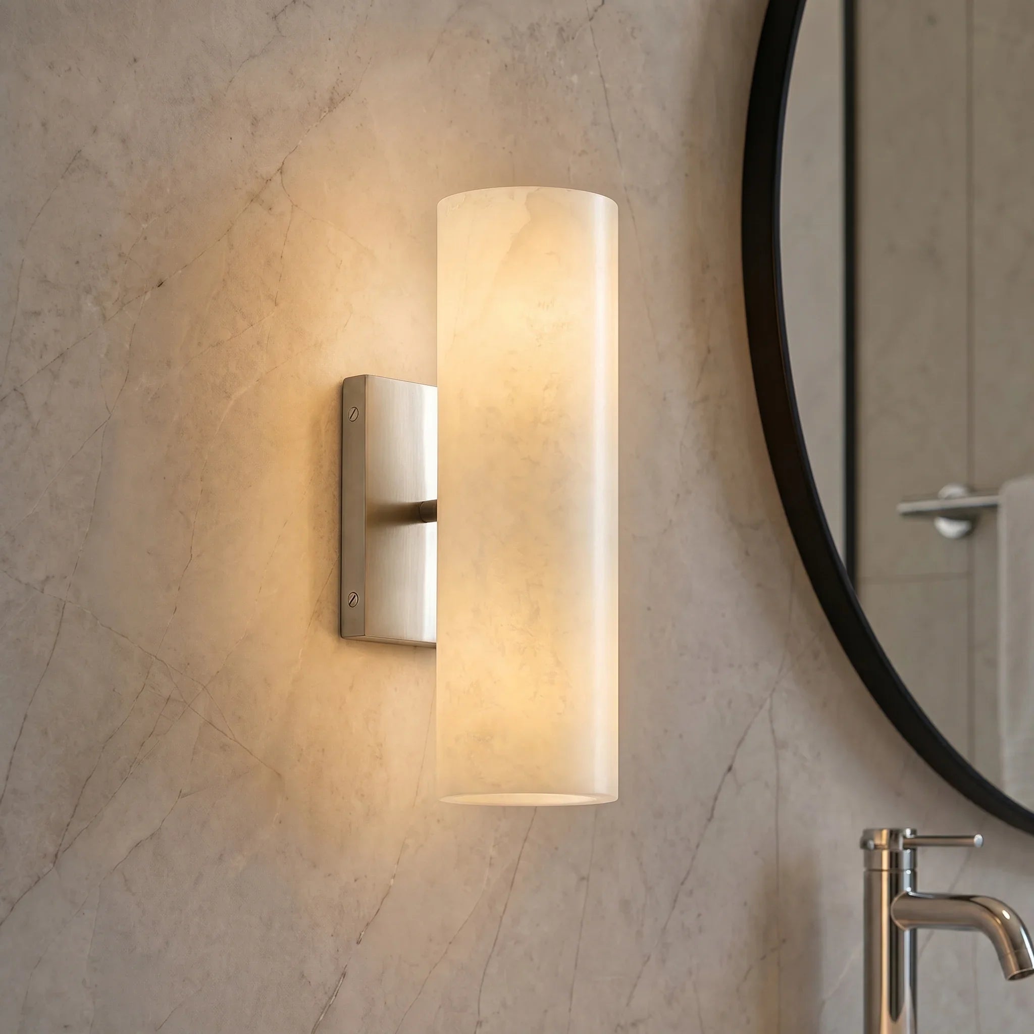 Cilindervormige wandlamp met natuurlijk albast of geribde glazen kap Brons Nikkel Messing | Sansoti