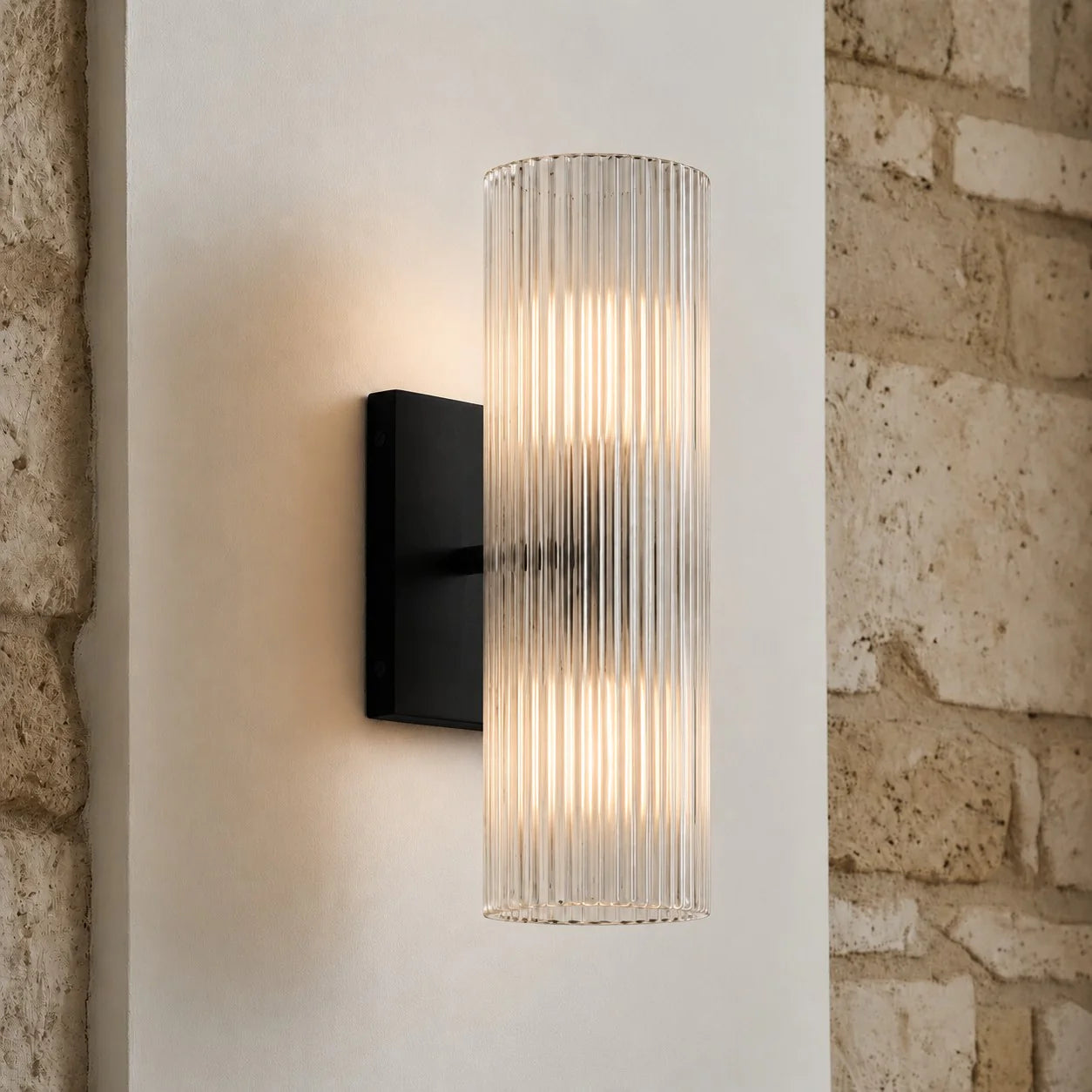 Cilindervormige wandlamp met natuurlijk albast of geribde glazen kap Brons Nikkel Messing | Sansoti