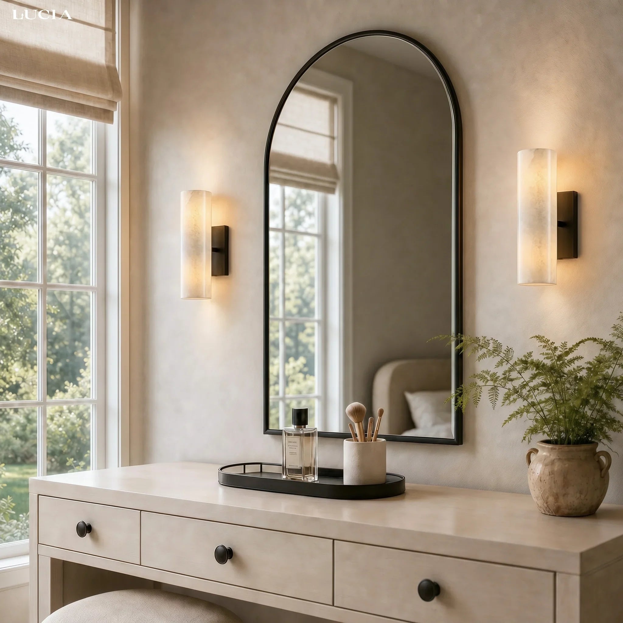Cilindervormige wandlamp met natuurlijk albast of geribde glazen kap Brons Nikkel Messing | Sansoti
