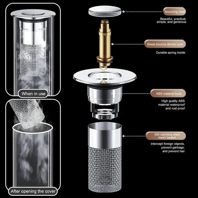 Pop-up Afvoerstop Messing Rubber 26-32mm Haarfilter Wastafel Bad Badkamer Drukknop Verstoppingpreventie Universeel Zonder Gereedschap | Sansoti
