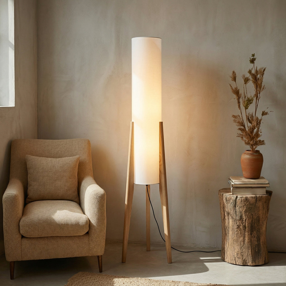 Stehende Bodenlampe aus Walnussholz mit Leinenschirm und LED-Beleuchtung für ein stimmungsvolles Wohn- und Schlafzimmer | Sansoti