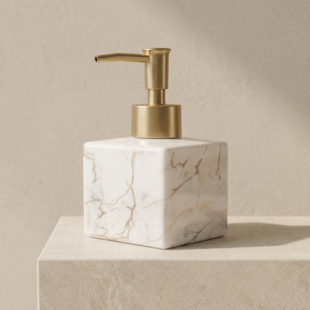 Zeeppompje Keramiek Marmer Finish Gouden Pomp 300ml Badkamer Keuken | Zeep Dispenser Marmerlook Aanrecht Countertop Handzeep Lotion | Sansoti