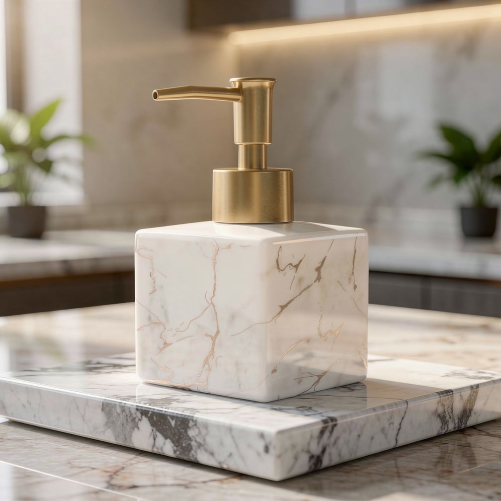 Zeeppompje Keramiek Marmer Finish Gouden Pomp 300ml Badkamer Keuken | Zeep Dispenser Marmerlook Aanrecht Countertop Handzeep Lotion | Sansoti
