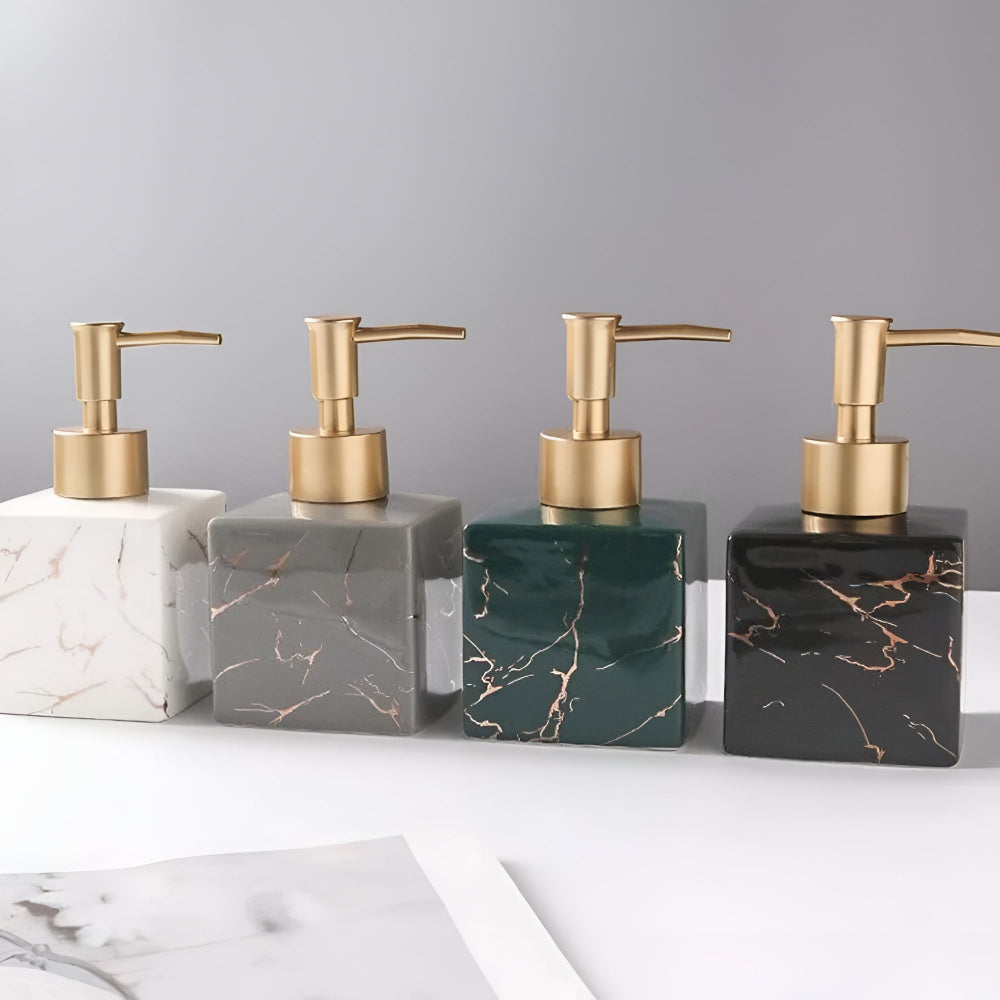 Zeeppompje Keramiek Marmer Finish Gouden Pomp 300ml Badkamer Keuken | Zeep Dispenser Marmerlook Aanrecht Countertop Handzeep Lotion | Sansoti