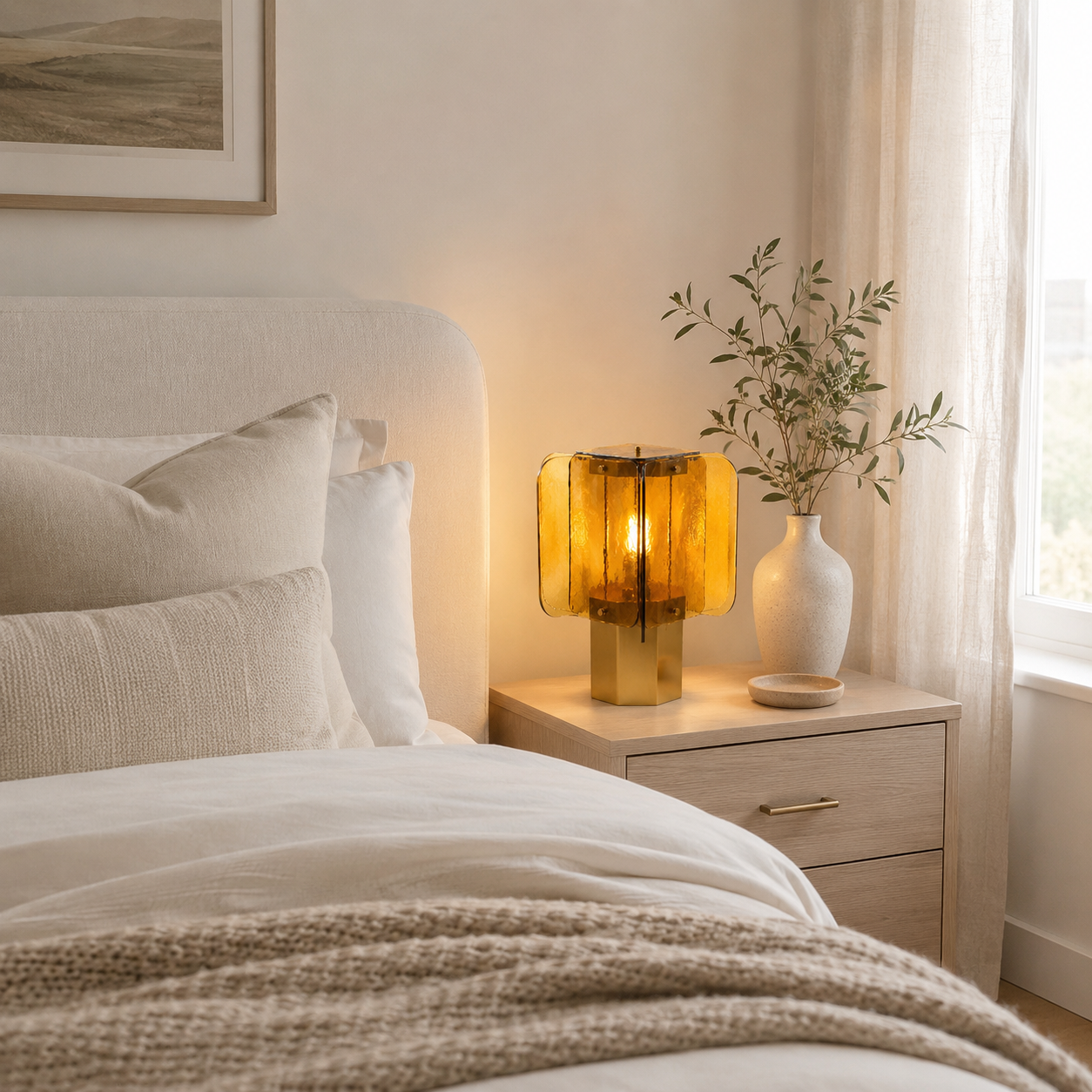 Glazen Tafellamp met Amberkleurige Panelen en Koperaccent — Warme Sfeerverlichting | Sansoti