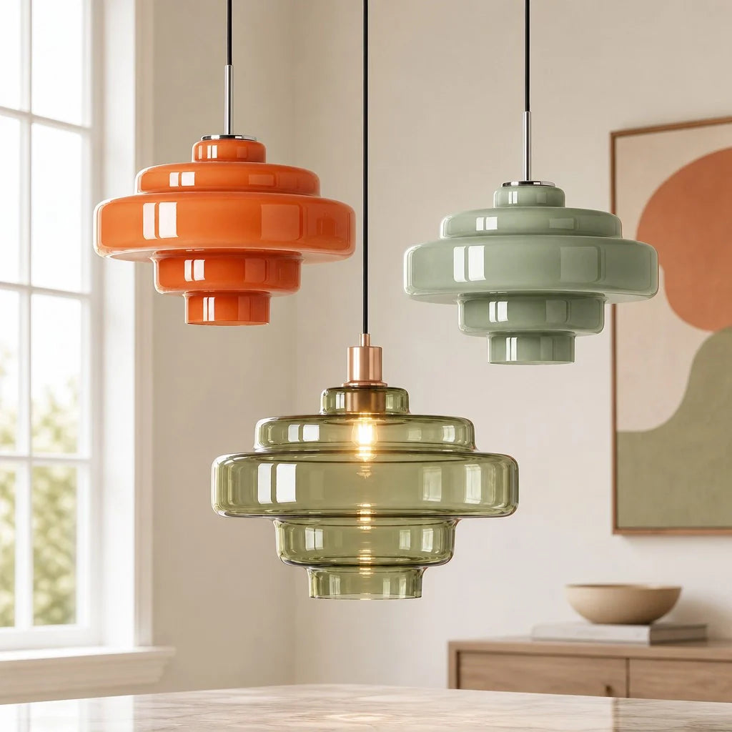 Gelaagde Glazen Hanglamp – Modern Design met Glanzende Afwerking – Groen, Amber, Rookgrijs, Roze | Sansoti