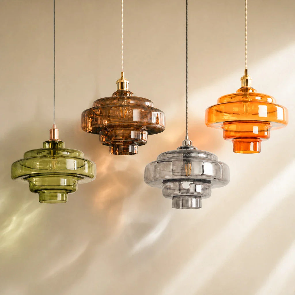 Gelaagde Glazen Hanglamp – Modern Design met Glanzende Afwerking – Groen, Amber, Rookgrijs, Roze | Sansoti