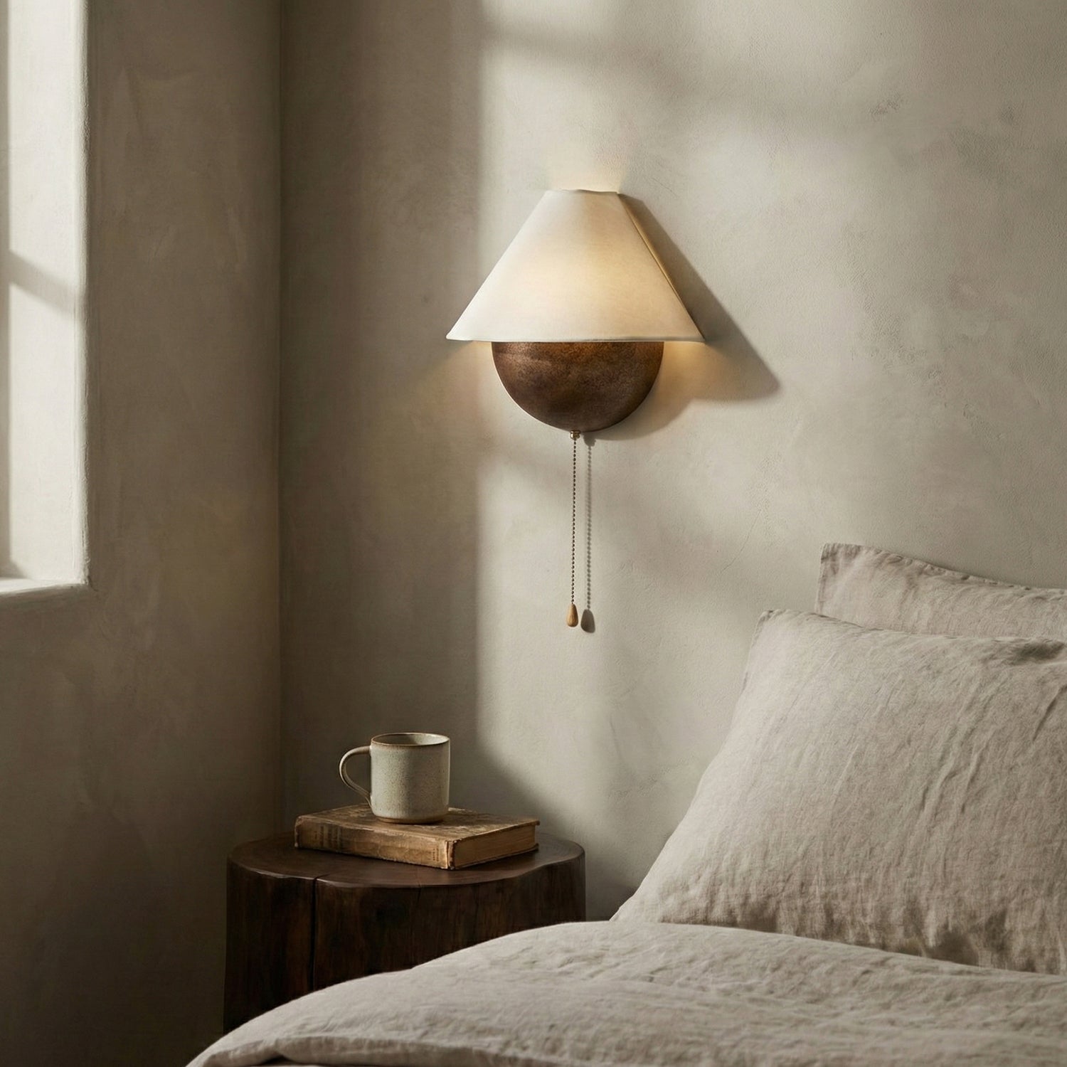 Wandlamp Half-Sphere met Stoffen Kap – Messing Trekschakelaar & Handbewerkt Ijzer voor Slaapkamer en Leeshoek | Sansoti