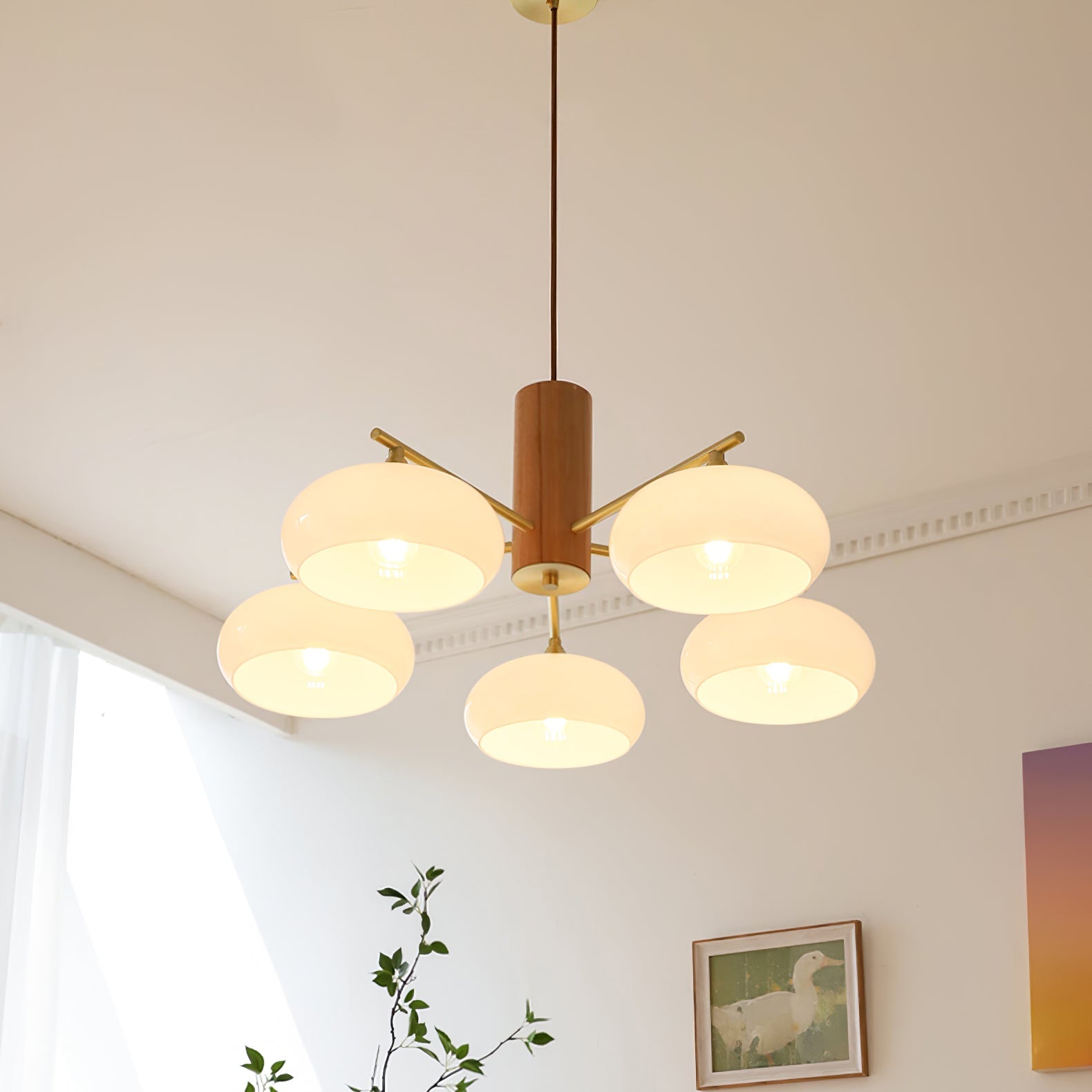 Ovale Design Kroonluchter Met Glazen Kappen En Messing Details Voor Woonkamer En Eetkamer | Sansoti