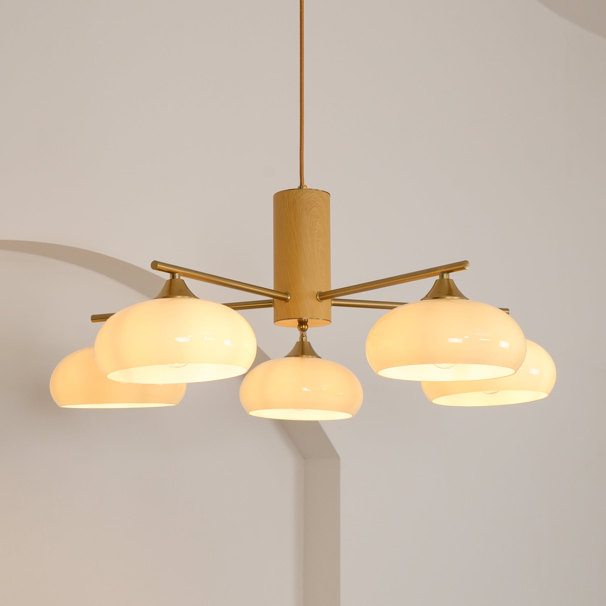 Ovale Design Kroonluchter Met Glazen Kappen En Messing Details Voor Woonkamer En Eetkamer | Sansoti