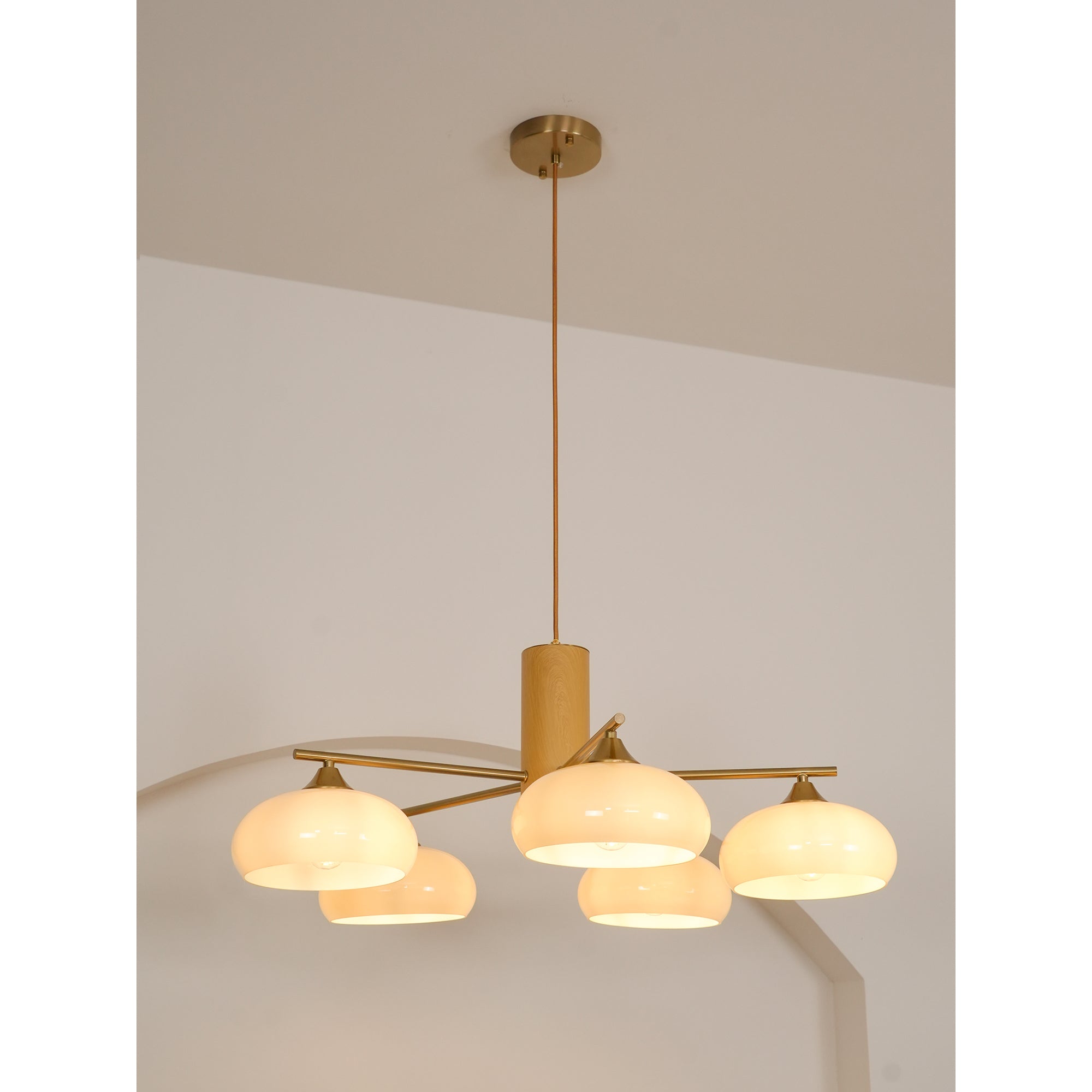 Ovale Design Kroonluchter Met Glazen Kappen En Messing Details Voor Woonkamer En Eetkamer | Sansoti