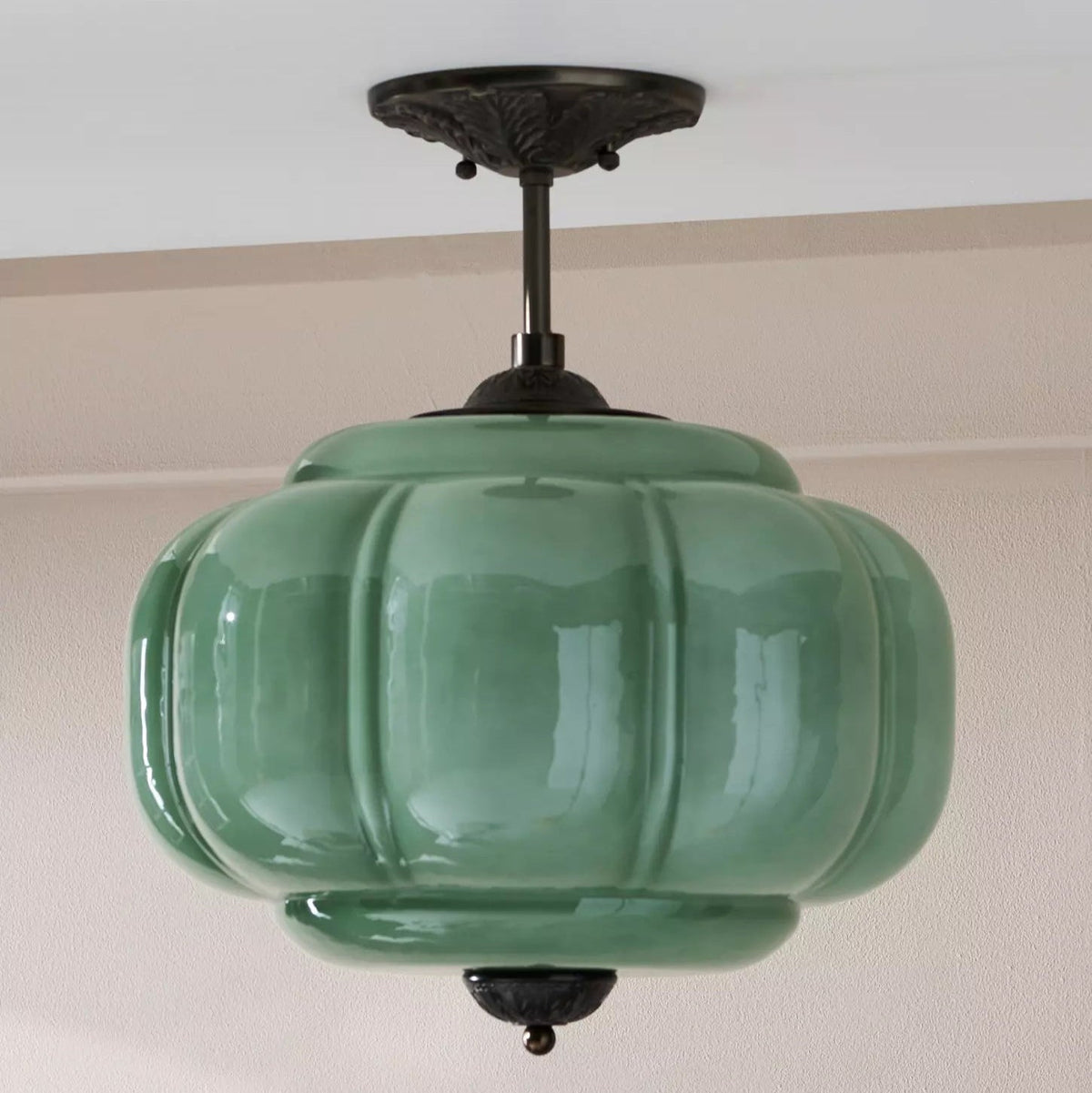 Halbrunde Deckenleuchte aus Glas und Metall in Goldgrün, E26-E27-Fassung, dimmbar, Wohnzimmer, Schlafzimmer, skandinavisch | Sansoti