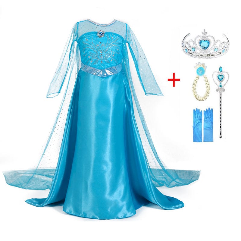 Prinsessenkostuum Blauw met Accessoires voor Kinderen 3-10 Jaar | Complete Set met Tiara Handschoenen Toverstaf | Verkleedkleding Feestkleding | Sansoti