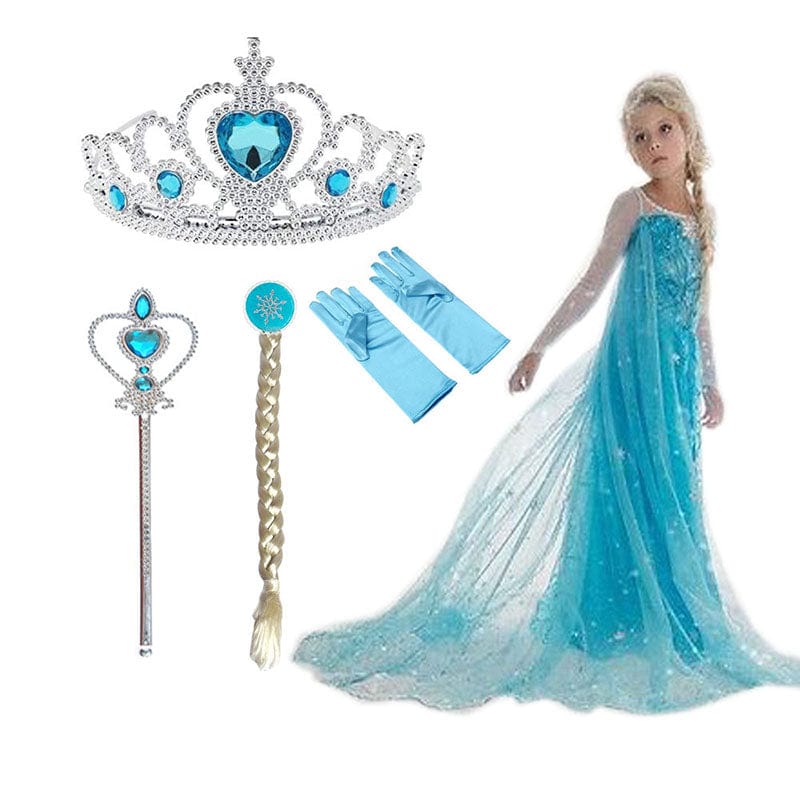 Prinsessenkostuum Blauw met Accessoires voor Kinderen 3-10 Jaar | Complete Set met Tiara Handschoenen Toverstaf | Verkleedkleding Feestkleding | Sansoti