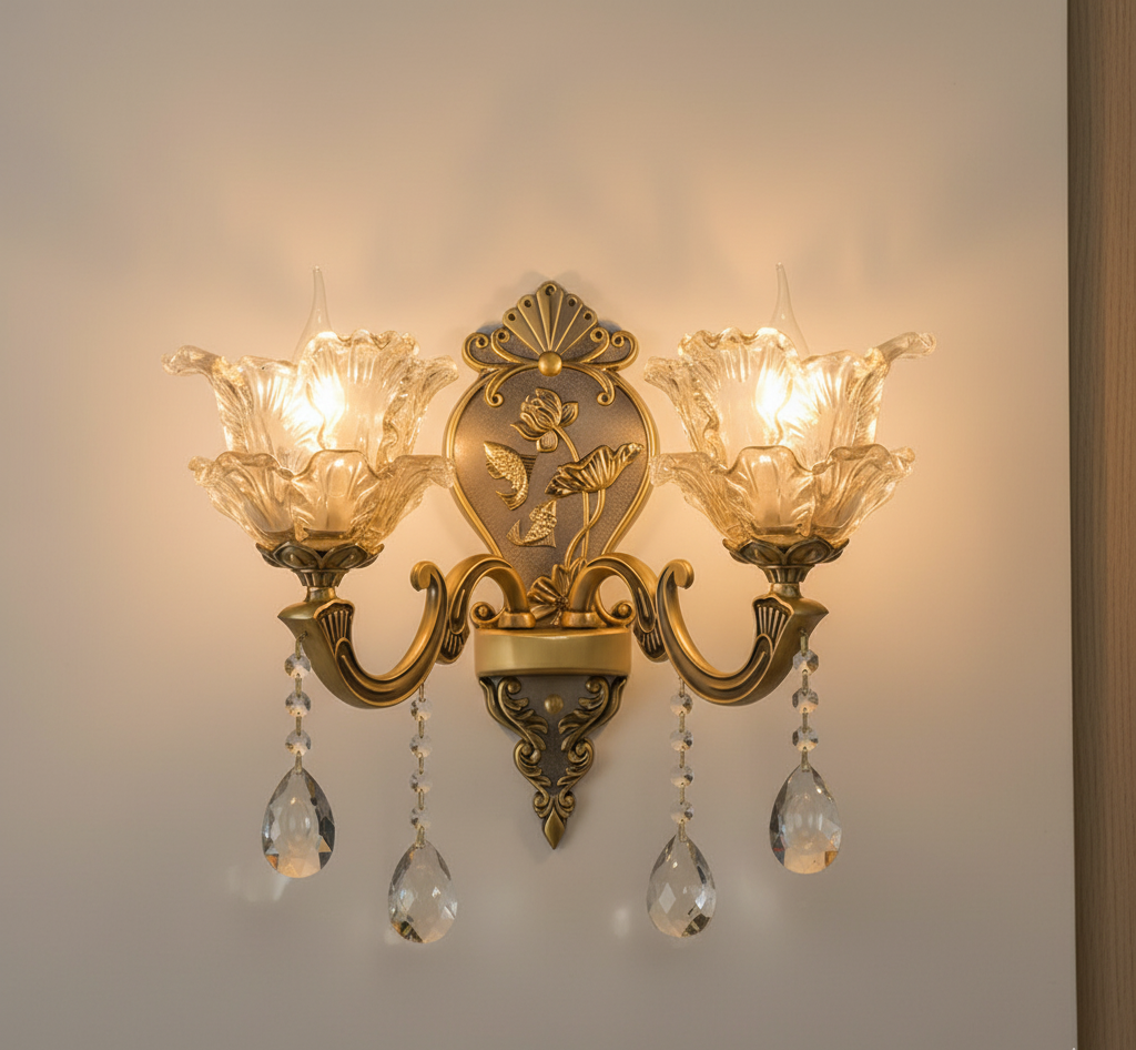 Vintage Wandlamp Goud Glas Dubbele Klassiek Warm Wit Licht Binnenwandlamp E14 Slaapkamer Woonkamer Hal Decoratief Verlichting Muurlamp | Sansoti