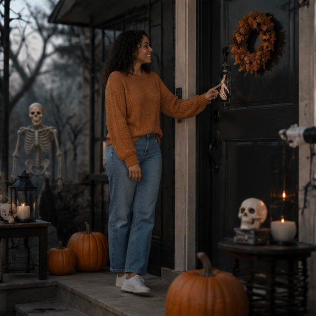 Décoration de sonnette Halloween en forme de main de squelette avec son, détecteur de mouvement et éclairage LED rouge pour une entrée effrayante | Sansoti