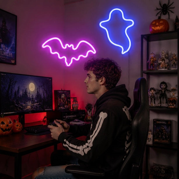 Neon-Tischlampe Fledermaus Geist LED-Beleuchtung Halloween-Ambientebeleuchtung Dekorative Themen-Nachtlampe für Kinder | Sansoti