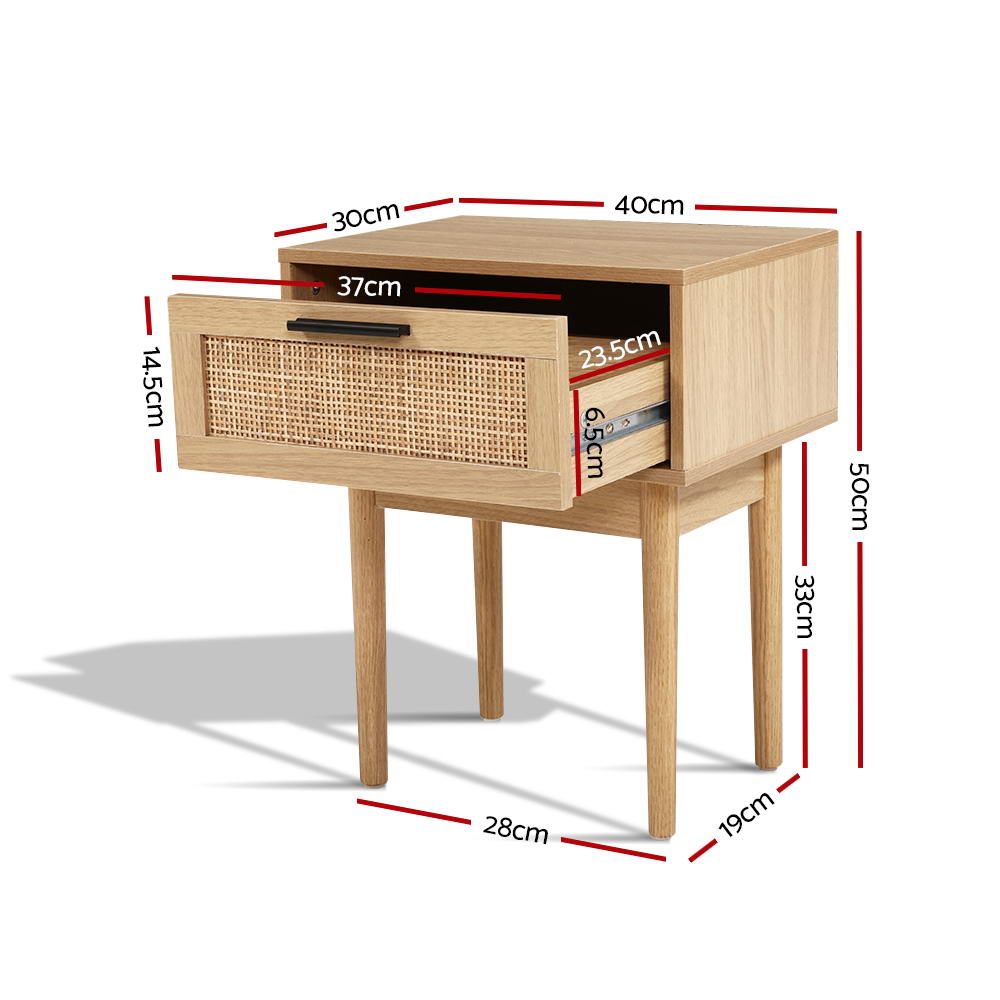 Nachttisch mit Rattanschublade und Holzbeinen – Kompaktes Boho-Design 40 cm | Restfield