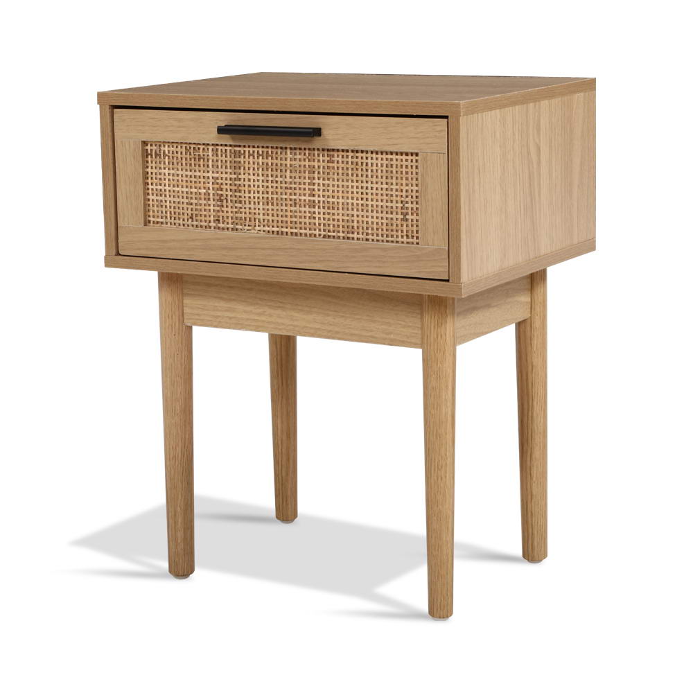 Nachttisch mit Rattanschublade und Holzbeinen – Kompaktes Boho-Design 40 cm | Restfield