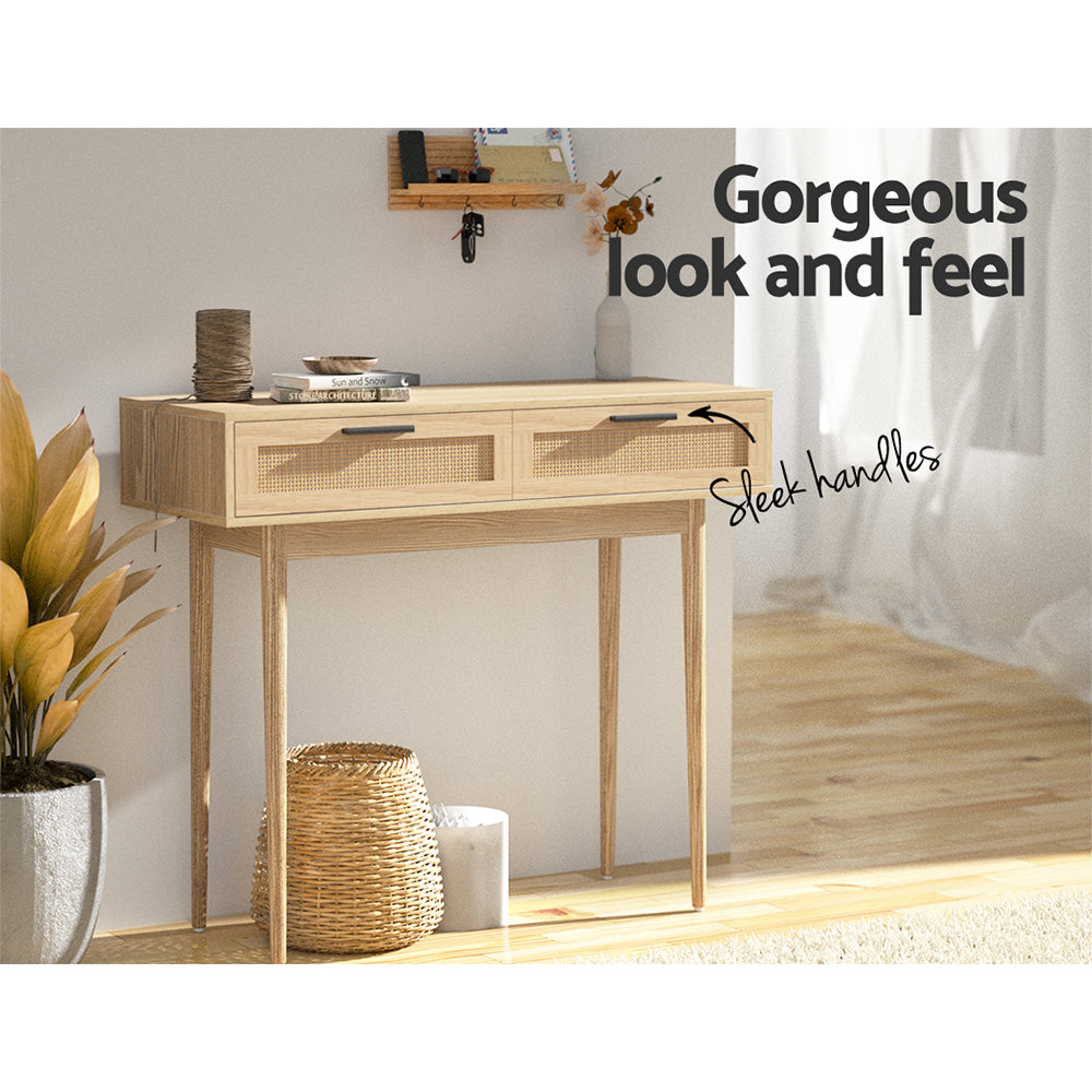 Konsolentisch mit Rattanschubladen und Massivholzbeinen – Boho-Flurtisch 90 cm | Restfield