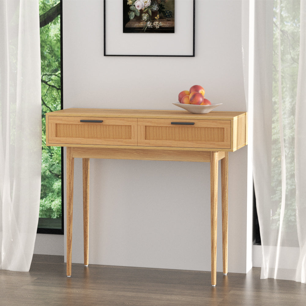 Konsolentisch mit Rattanschubladen und Massivholzbeinen – Boho-Flurtisch 90 cm | Restfield