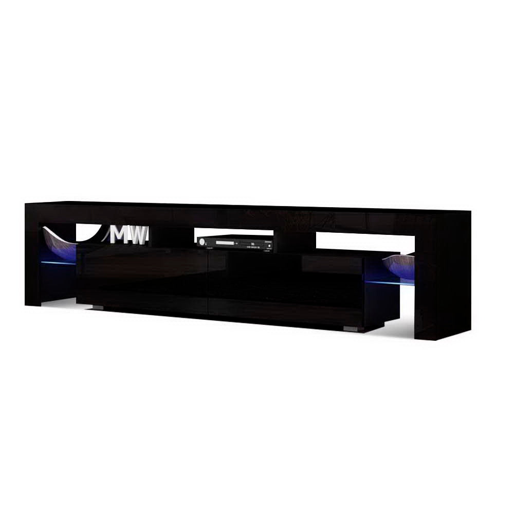 Meuble TV moderne avec éclairage LED RGB 189 cm – Unité de divertissement noire laquée avec tiroirs et étagère en verre | Restfield
