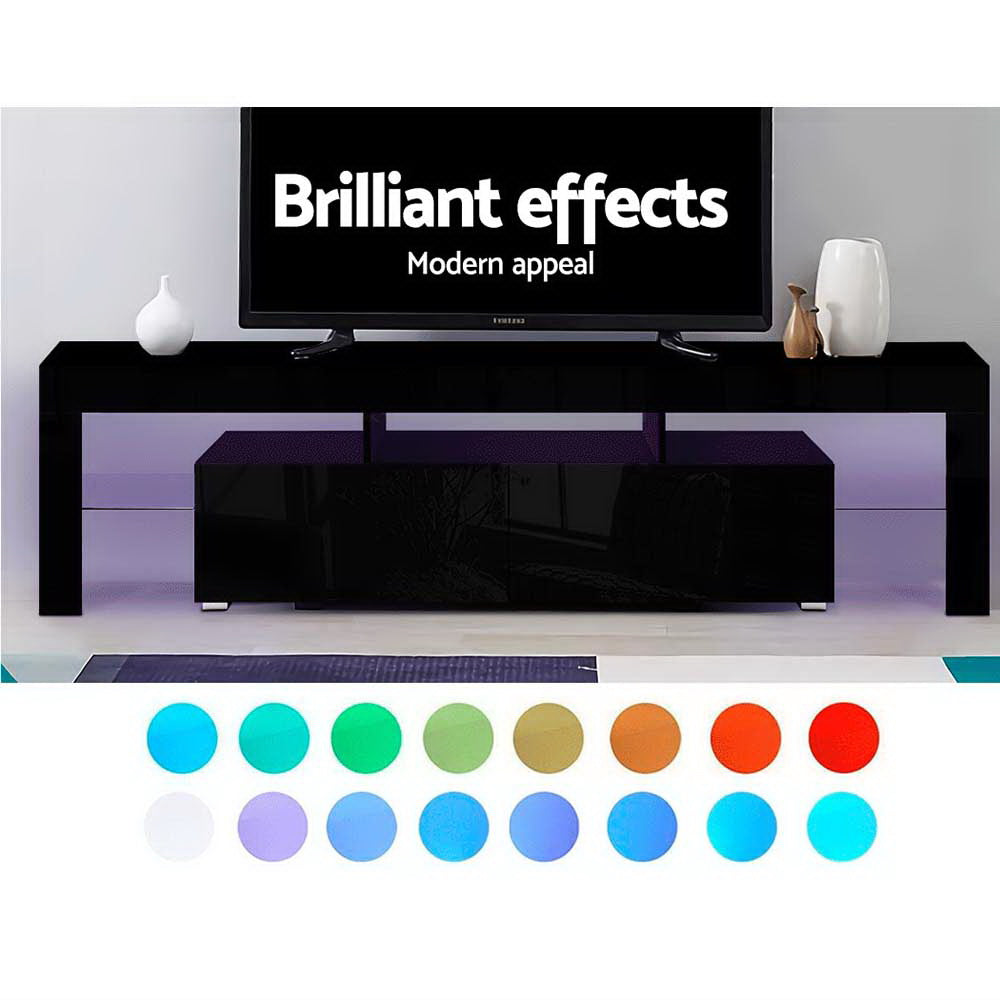 Meuble TV moderne avec éclairage LED RGB 189 cm – Unité de divertissement noire laquée avec tiroirs et étagère en verre | Restfield