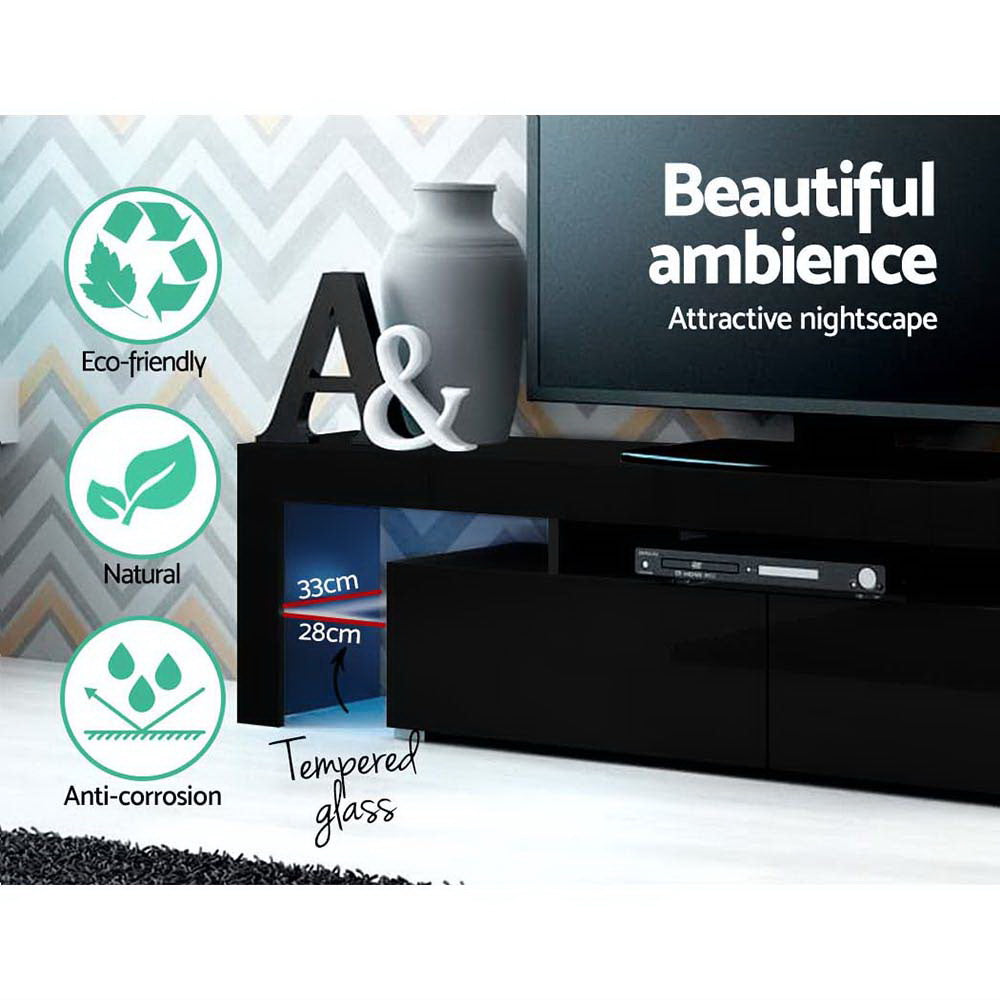 Meuble TV moderne avec éclairage LED RGB 189 cm – Unité de divertissement noire laquée avec tiroirs et étagère en verre | Restfield