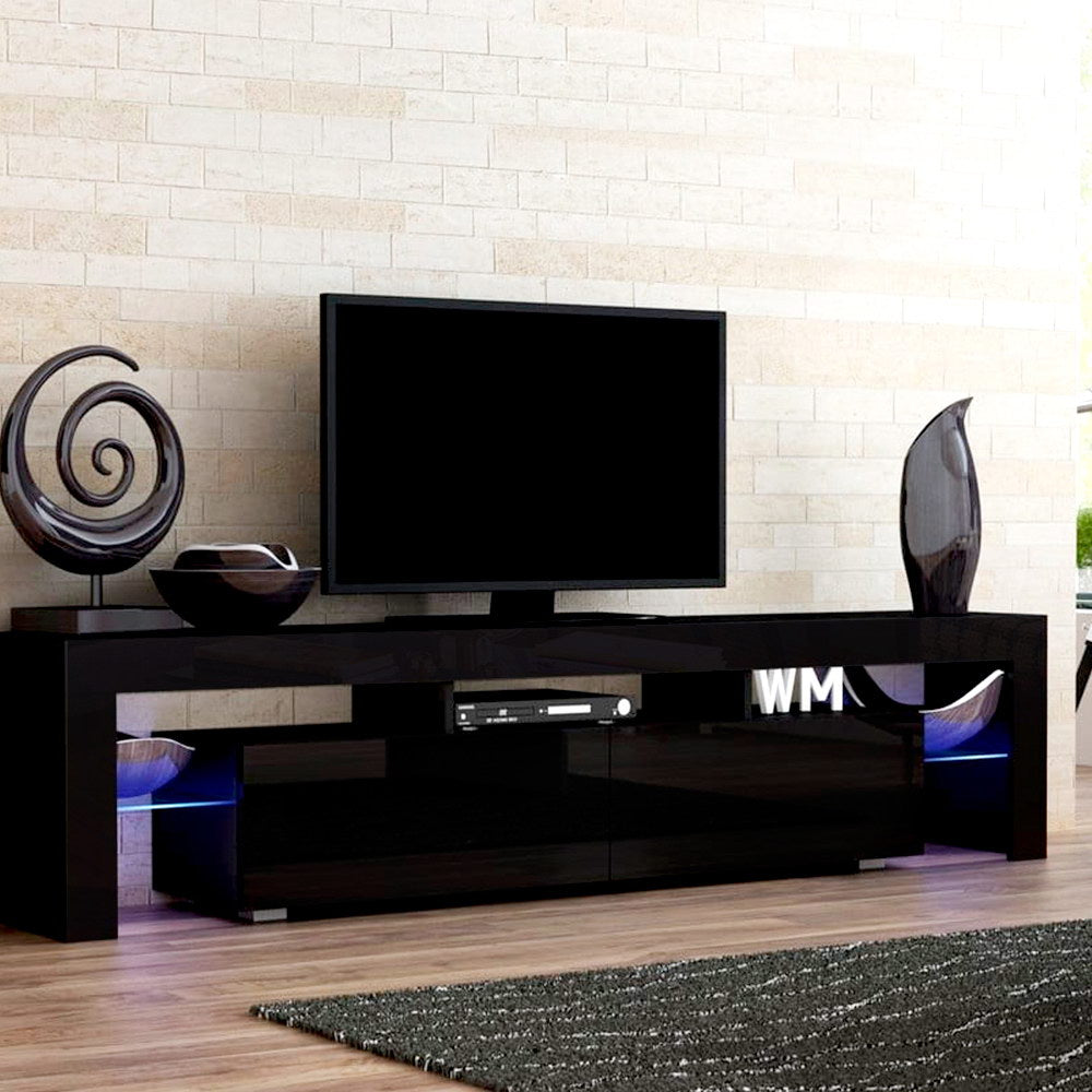 Meuble TV moderne avec éclairage LED RGB 189 cm – Unité de divertissement noire laquée avec tiroirs et étagère en verre | Restfield
