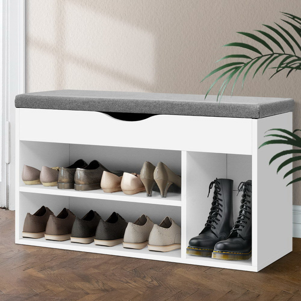 Banc à chaussures avec rangement et coussin d'assise – Armoire à chaussures blanche pour 9 paires 80 cm | Restfield